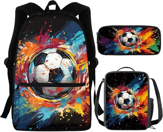 Colorful Soccer Backpack for Boys 8-12 Cool Teen School Backpack Set with Lunch Box and Pencil Bag 15.6 inch Kids Bookbag Set Back to School Supplies