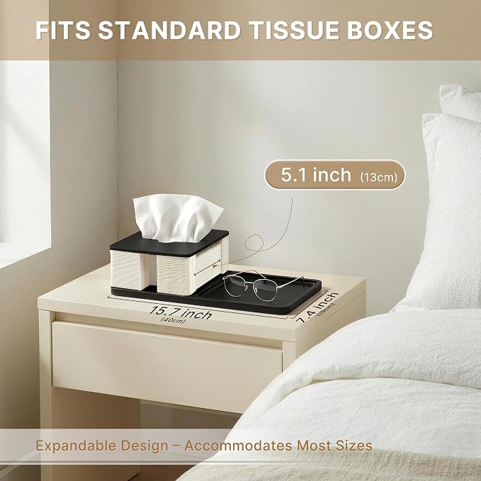 Bamboo Tissue Box Cover Rectangle with Tray, Nightstand & Desk Organizer | Decorative tissue box holder & tissue holder for bedside table; 12.5cm wide opening for easy refills; water-resistant bamboo