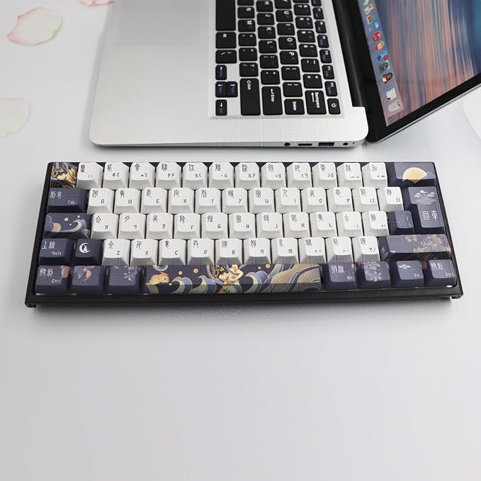 JSJT PBT Keycaps 136 Keys Cherry Profile Keycap Set Chang'e and Rabbit Themed Keycap Ancient Style Zang Blue Custom Key caps Suitable for Cherry MX Switches Mechanical Keyboards