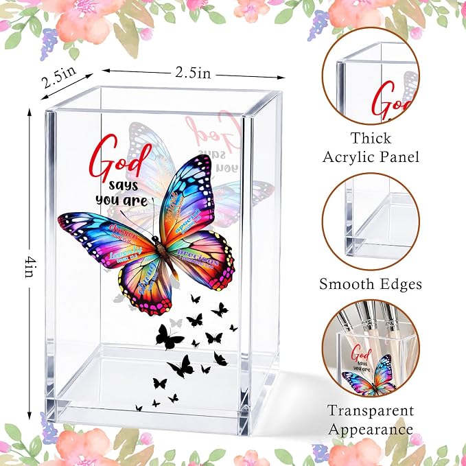 Butterfly Acrylic Pen Holder Cup, Christian Inspirational Desk Decor, Religious Pencil Holder Organizer, Birthday Gift for Women, Mom, Sister, Friend, Coworker