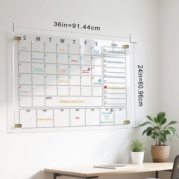 IJIJIJ- 36×24” Clear Acrylic Calendar for Wall, Acrylic Wall Calendar Dry Erase Board, Reusable Monthly Whiteboard, Family Planner for Wall with 8-Color Markers, Perfect for Home, Office & Classroom
