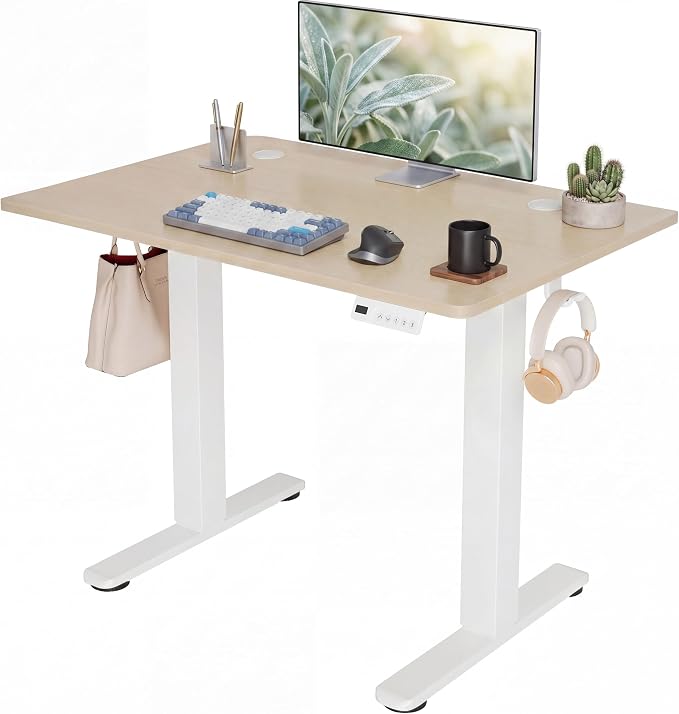 Claiks Electric Small Standing Desk, 35x20 Inch, Nature | Adjustable height for sit-stand, 156lbs capacity, scratch-resistant surface, 3 memory presets, cable management & hook.