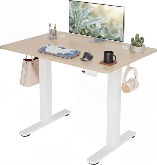 Claiks Electric Small Standing Desk, 35x20 Inch, Nature | Adjustable height for sit-stand, 156lbs capacity, scratch-resistant surface, 3 memory presets, cable management & hook.