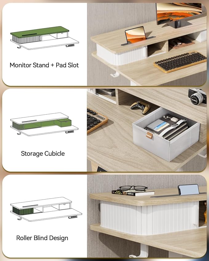 JOY worker 35" Small Electric Standing Desk with Monitor Stand & Drawer | Light Walnut 35" x 25" Height Adjustable Desk for Tight Space, Shutter Door & Shelf, Sit Stand Desk with 2 Hooks, Home Office
