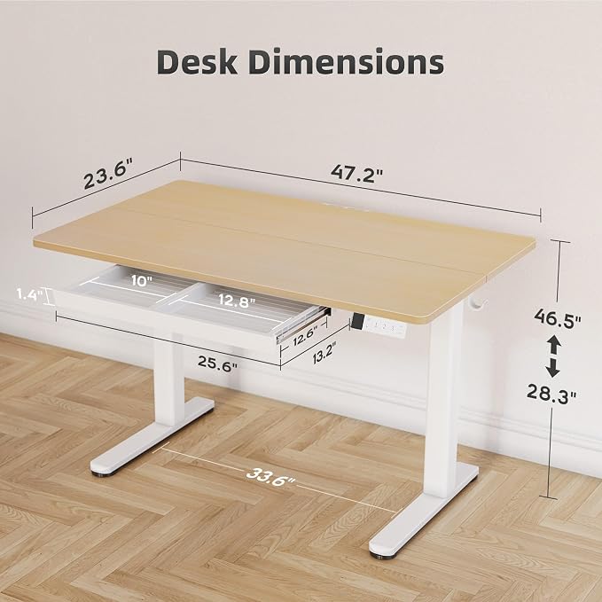 YDN Electric Standing Desk 48 x 24 Inch with Drawer Natural | Industrial steel frame supports 176Lbs, 28.3 to 46.5 inch height range, 3 memory presets, 45dB quiet motor
