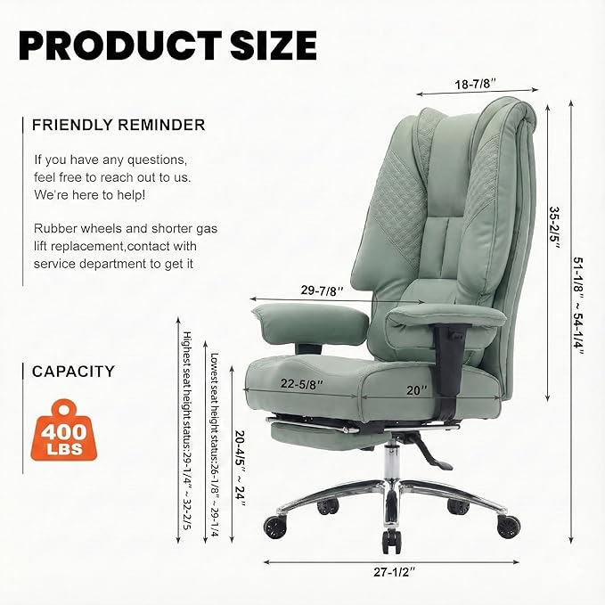 Big and Tall Office Chair 400lbs Wide Seat, Leather High Back Executive Office Chair with Foot Rest, Ergonomic Chairs Lumbar Support for Lower Back Pain Relief (Light Green)
