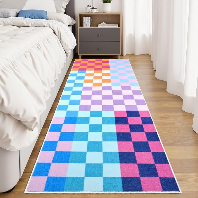 Terrug Multicolored Checkered Area Rug for Kitchen,2x6 Runner Rugs Washable with Non Slip for Bedroom,Soft Low Pile Stain Resistance Retro Carpet for Entryway Hallway