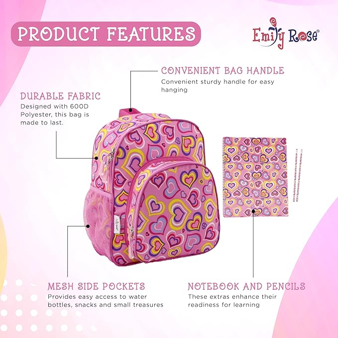 Emily Rose Girls School Set 3-PC Complete Bundle - Insulated Lunch Box + Backpack + Water Bottle with Notebook & Pencils - Ages 3-7 Back to School Supplies BPA Free Pink Hearts