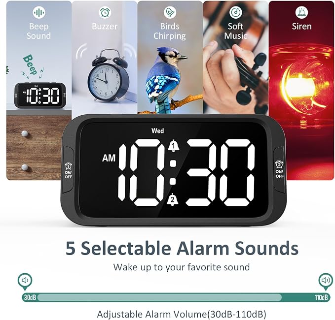 Odokee Digital Dual Alarm Clock for Bedroom with 0-100% Dimmable Display | Easy to Set Alarm Clock with Weekday/Weekend Mode - Loud Alarm for Heavy Sleepers with 5 Sounds Adjustable Volume