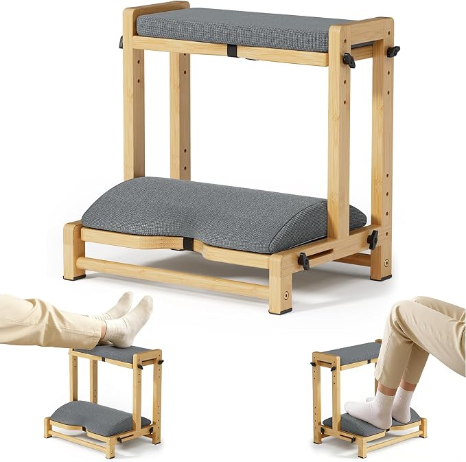 Double Step Foot Rest Under Desk, Adjustable Wooden Desk Foot Rest with 4 Heights, Ergonomic Foot Stool with Cushion for Office, Gaming & Study (Natural Color)