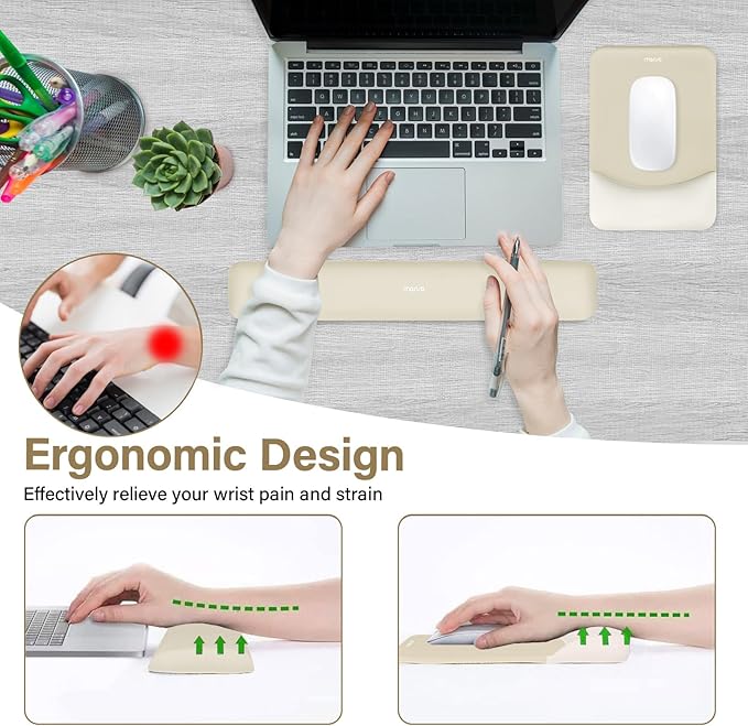 MOSISO Wrist Rest Support for Mouse Pad&Keyboard Set, Rectangular Ergonomic Mousepad Non-Slip Base Home/Office Pain Relief&Easy Typing Pad with Neoprene Cloth&Raised Silicone Lining, Khaki
