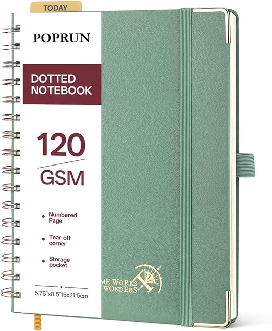 POPRUN Dotted Journal Spiral Notebook, A5 Bullet Dot Grid Journals for Women Men, 120 GSM Thick Paper, 141 Pages Hardcover Notebooks for Journaling, Drawing, Writing, 5.75'' x 8.25'' Midnight Green