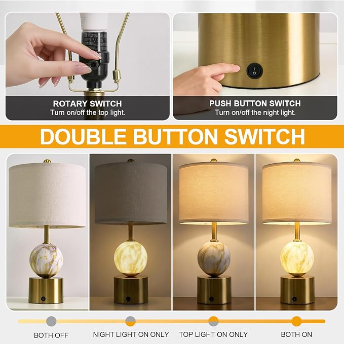 Oneach 20.5" Small Bedside Table Lamps for Bedroom Nightstands, Gold Glass Modern Table Lamps Set of 2 with USB A+C Charging Port, Night Light, Luxury Lamps for Living Room End Table(Bulbs Included)