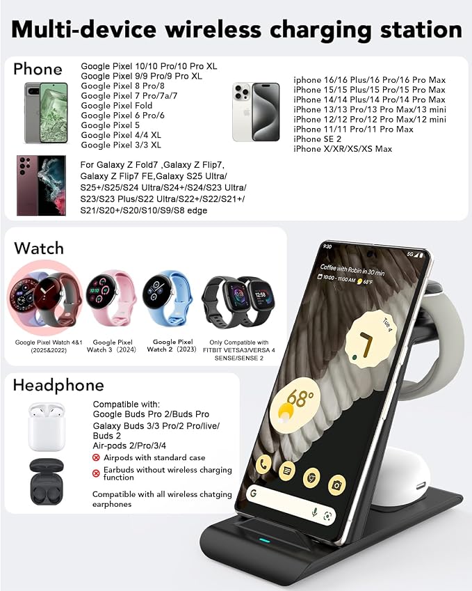 Upgraded 3 in 1 Wireless Charger for Google Pixel Watch 3/2, for Pixel 10 9/Pro/Pro XL/Fold,Buds Pro 2/Pro,Fitbit Versa 4/3,Wireless Charging Station for Multiple Devices (Not for Google Watch 4/1)