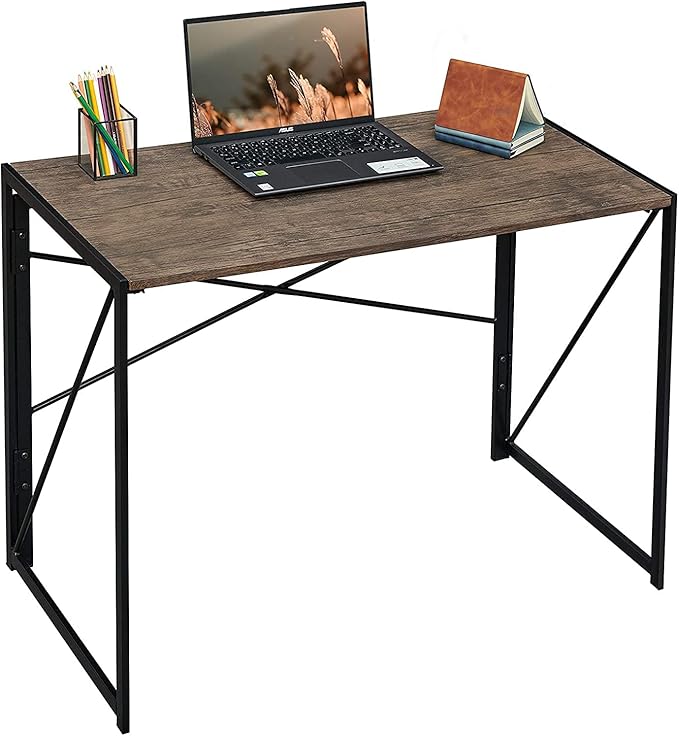 Garden Elements Modern Small Folding Computer Desk, Portable, Space-Saving Home Office Desk with Sturdy Metal Frame, Brown, 39"