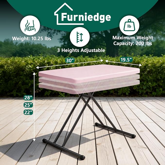30 Inch Folding Table, Adjustable Height TV Tray for Small Spaces, Heavy Duty Foldable Utility Table for Laptop, Dining, Camping, No Assembly, 200 lbs Capacity, Pink Granite