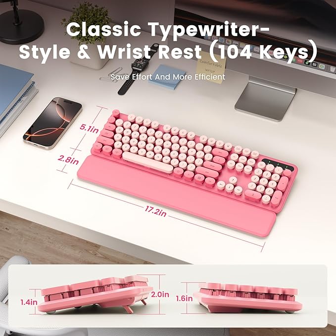 Wireless Keyboard, Round Keycaps, Retro Typewriter Keyboard with Detachable Wrist Rest, Sleep Mode, Foldable Legs, 2.4GHz Full-Size Cordless Computer Keyboard for Windows/PC/Laptop (Pale Pink Colors)