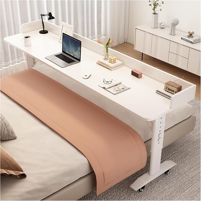 Over The Bed Table with Wheels for Easily Move Overbed Table Adjustable Height, Built-in Charging Port Standing Workstation Laptop Cart, Over Bed Table for Working Studying,White with Baffle