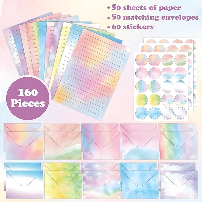 FUNCLASS 160 Pcs Stationery Set Letter and Envelopes – 50 Lined Stationery Paper and 50 Matching Envelopes, 5.5 x 8.25 Inches Letter Writing Stationery for Home, Office, School (Watercolor-B)