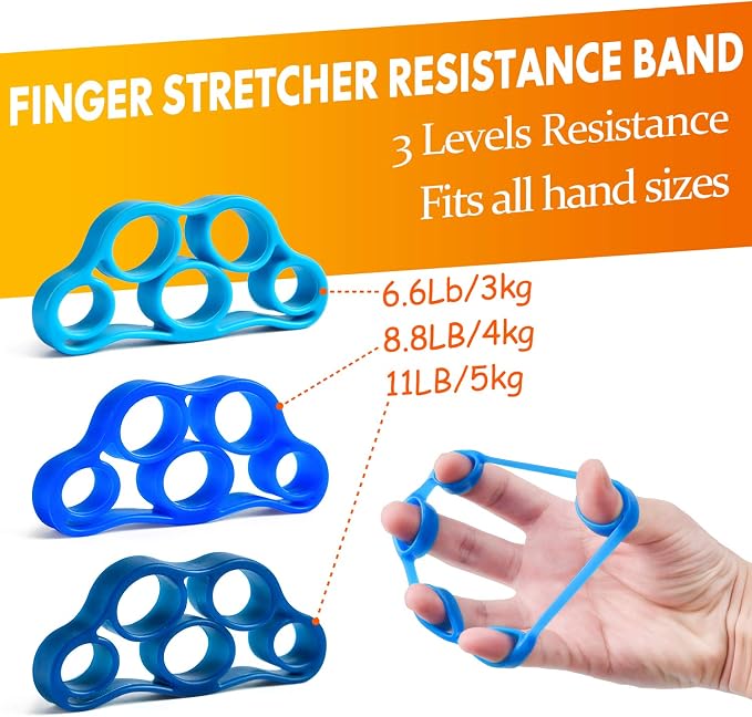 Grip Strength Trainer 7 Pack Adjustable Hand Gripper, Finger Stretcher Resistance Extensor Bands, Finger Exerciser, Grip Strength Ring & Stress Ball, Hand Grip Strengthener