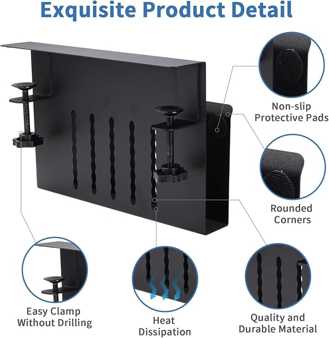 Desk Side Storage Organizer, Under Desk Laptop Holder with Magnetic Pen Holder, No Drill Hanging Desk Caddy for Office & Home, Clamp On Desk Shelf for Tablet, Files, Accessories (Black)