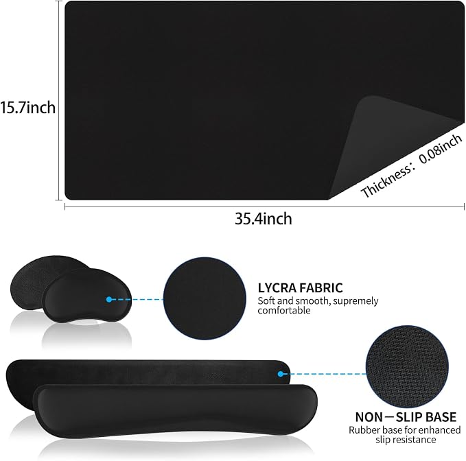 Mouse Pad with Wrist Rest Support, Keyboard Wrist Rest and Mouse Pad Set, Desk Mat for Keyboard and Mouses, Non-Slip Computer Mat Set for Office, Home (35.4×15.7 Inches, Black)