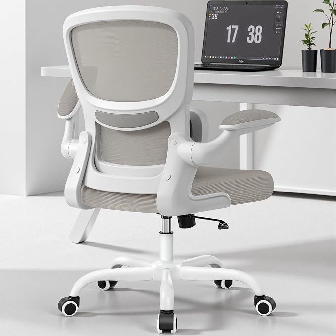 BESTFAIR Ergonomic Mesh Office Chair, Breathable Mesh Computer Desk Chair, Adjustable Lumbar Support, Flip-up Armrests, Executive Swivel Chair for Home Office, LightGray