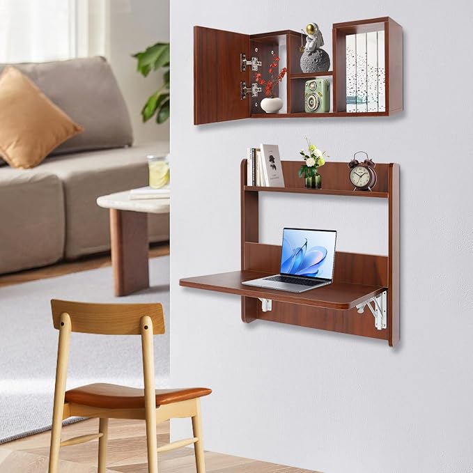 Floating Desk, 24" Wall Mounted Folding Desk with Bookshelf Folding Wall Desks Space Saving Workstation with Storage Shelves for Home Office Bedroom Study Room Small Space