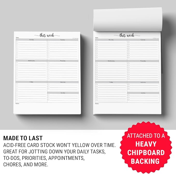 321Done Weekly Checklist Notepad, 8.5x11 Large Letter-Size Pad - 50 Tear-Off Sheets, Undated Monday-Sunday Schedule, Daily Task Planner for Home, Office & Student Use - Made in USA