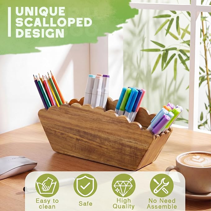 Jetec Scalloped Acacia Wooden Pencil Holder, Wooden Desk Organizer with 4 Compartment for Pens, Markers, Makeup Brushes, Remote Controls, Silverware, Decorative Cute Desktop Organizer for Office Home