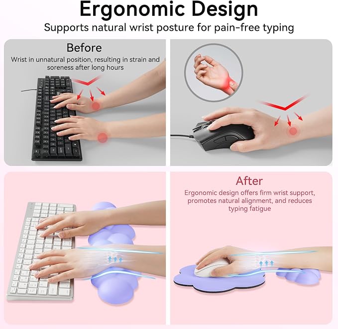 Sushret Cloud Wrist Rest for Computer Keyboard, 4-in-1 Memory Foam Leather Cloud Keyboard Wrist Rest and Mouse Pad Set with Ergonomic Support for Arm and Palm Cushion, Gaming/Work Setup, Purple