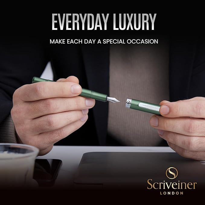 Scriveiner Luxury EDC Fountain Pen (Medium), Stunning Matt Green Pocket Pen, Chrome Finish, Schmidt German Nib, Converter, Best Writing Pen Gift Set for Men & Women, Nice Fancy Office Designer Pen