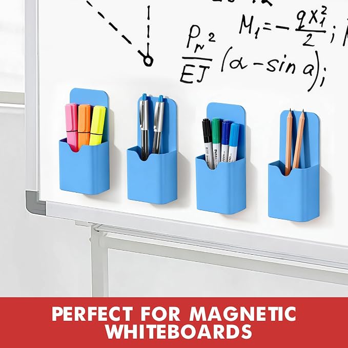 BEYGORM 4 Pack Magnetic Pen Holder for Whiteboard, Upgraded 1.5 mm Pencil Cup Organizer for Dry Erase Markers, Ideal Classroom, Office, Refrigerator, Locker (Blue)