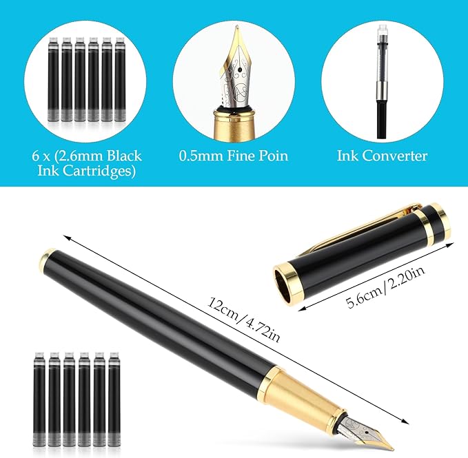 Andibro Luxury Metal Fountain Pen Set, 0.5 mm Fine Nib Fountain Pen with 6 Pcs 2.6mm Black Ink Cartridges Smooth Writing Pen Gift for Men Women Business Office Journaling