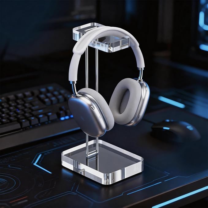 Headphone Stand Headset Holder for Desk, Solid Christal-Clear Acrylic with Silver Hardware Earphone Hanger for Gaming Room Office Accessories