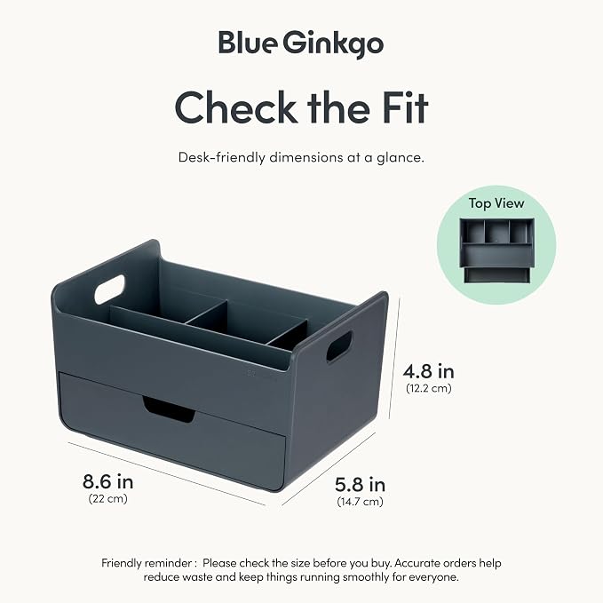 BLUE GINKGO Portable Desk Organizer, Blue, Made in Korea | 3 Compartments. Half Drawer. Everyday Storage.