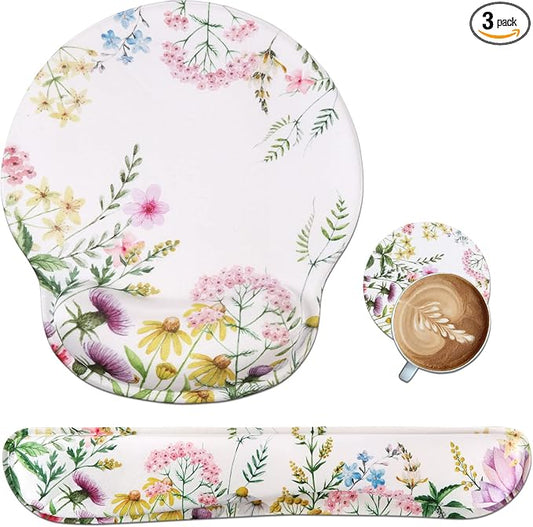 iLeadon Mouse Pad with Wrist Support Keyboard Wrist Rest Set, Ergonomic Mouse Pad with Non-Slip Base for Computer Laptop Home Office + Coasters, Easy Typing & Pain Relief Mouse Mat, Wild Flowers