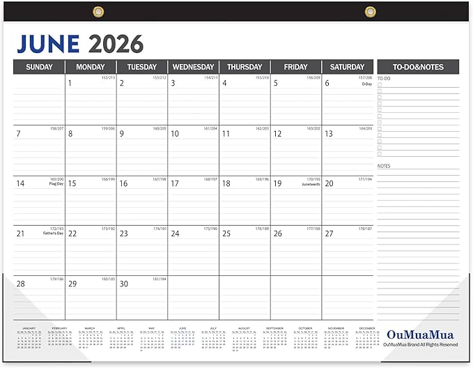 OuMuaMua Large Desk Calendar 2026-2027 - 19 Months from Jun. 2026 through Dec. 2027, 22 x 17 Inches Desktop Wall Calendar with Julian Date To-do & Notes, Corner Protectors for School Home Office