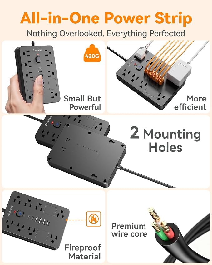 Surge Protector Power Strip - 8 Outlets(1850W/15A/14AWG) with 6 USB Ports（2 USB C, 10FT Flat Plug Extension Cord, Wall Mount Multi Plug Outlet Extender, ETL Listed for Home, Dorm Room, Black