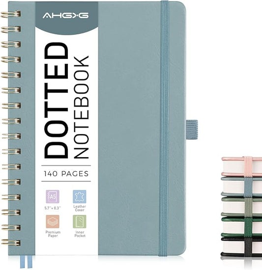 AHGXG Dotted Journal Spiral Notebook, Hardcover Leather Dotted Notebook 140 Pages, A5 Dot Grid Paper Notebook, 100 gsm Thick Paper, for Dotted Journaling, 5.7" x 8.3", Gray Blue