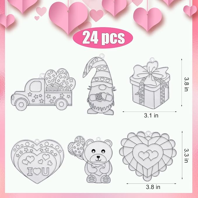 AUEKIV Valentines Suncatcher Crafts Kit 24sets Heart DIY Window Paint Art Suncatchers,Bear Sun Catchers for Valentine's Day Mother's Day Gift Exchange Classroom Art Project Party Favors