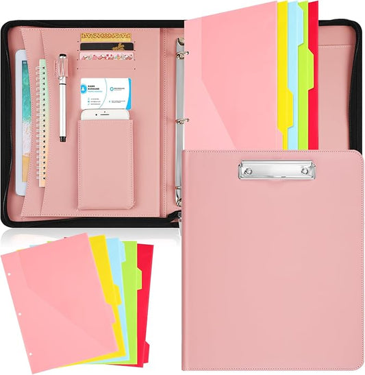 Gilprop Portfolio with 3 Ring Binder, Binder Padfolio with Zipper for Women Men, Leather Business Folder Organizer, 5 Folder Divider Pages for Tablet Resume Documents Business Cards(Pink)