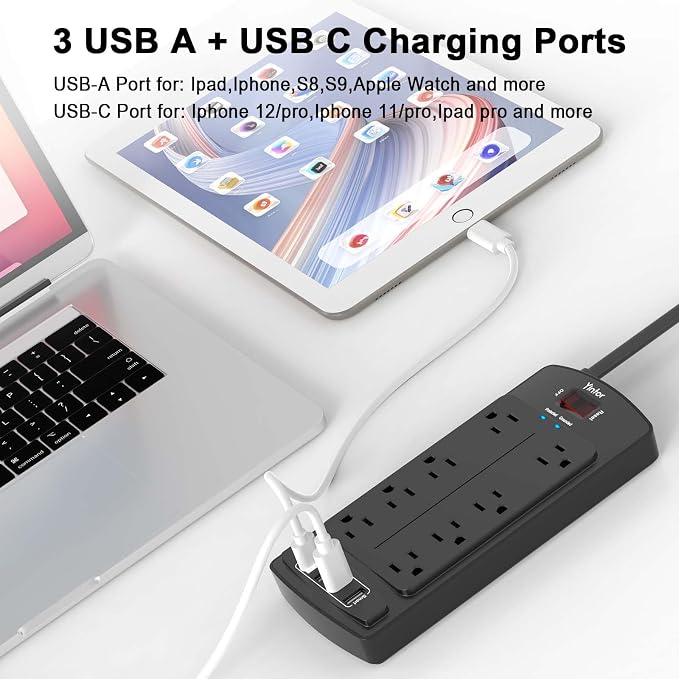 Surge Protector Power Strip, Yintar Flat Plug Extension Cord with 8 AC Outlets and 4 USB Ports, 10 Feet Power Cord, 2700 Joules, ETL Listed, Black