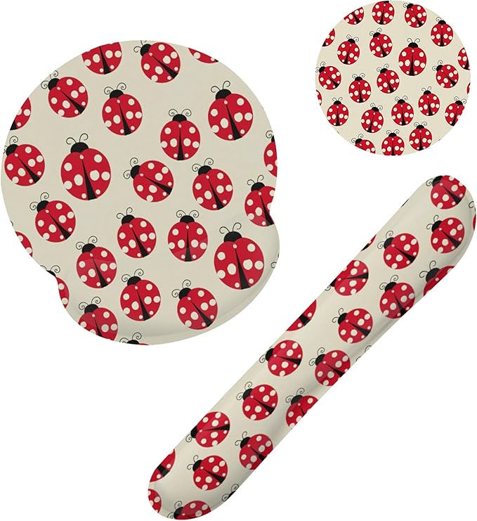 Cute Ladybug Mouse Pad with Wrist Rest Set, 3-in-1 Wrist Support Mousepad Set, Gaming Mat Pad with Anti-Skid Base,Ergonomic Memory Foam Mouse Pad Set for Women, Office, Typing, Gaming