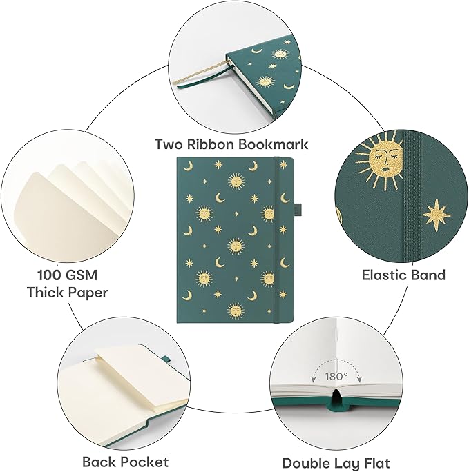 &And Per Se Dotted Journal Notebook, A5 Hardcover Aesthetic Dotted Notebook – 160 Pages 100gsm Thick Dot Grid Paper, 3 Sticker Sheets – Gift-Ready Journaling Kit for Women (Celestial Green)