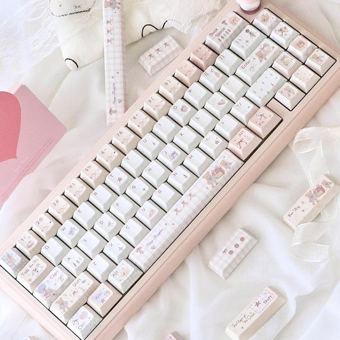 Pink PBT Keycaps 150 Keys, Little Bear Theme Dye Sublimation Keycap Set, Cute Cherry Profile Key Caps, Custom Keyboard Keycaps for ANSI/ISO Layout Cherry MX Switches Mechanical Keyboard