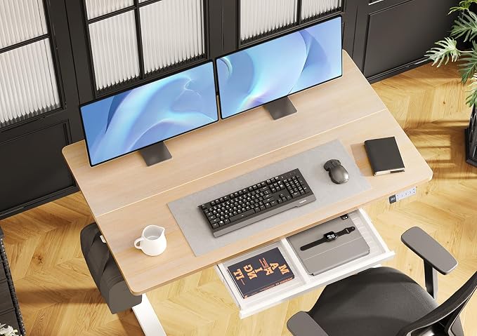 Claiks Electric Standing Desk with Drawers 48 x 24 Inch Natural | Sturdy steel frame supports 176 Lbs, Waterproof desktop with wire holes, 25.6 x 11.8 Inch plastic drawer fits 14 Inch laptop