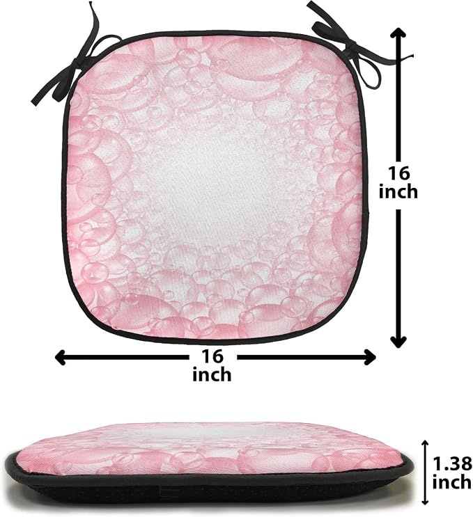 Lunarable Cartoon-Chair Cushion Pads Set 12, Different Size Bubbles Pattern Delicate Foam Circular Washing Theme Art, Anti-Slip Seat Padding for Kitchen,Patio, 16"x16", Pink and White