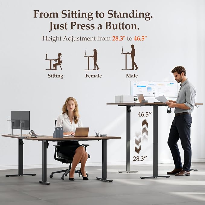 Klicelor L Shaped Standing Desk 63 x 55.1 Inch Dual Motors, Electric Height Adjustable Corner Desk for Home Office Workstation, Ergonomic Sit Stand Computer Table with Memory Controller, Rustic Brown