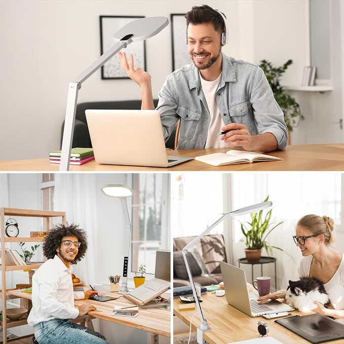 LED Desk Lamp for Home Office with C- Clamp | Swing Arm, Memory, Timer, 30 Dimmable Modes, Computer Light for Video Calls, Zoom Meeting, Conference, Streaming, Podcasting